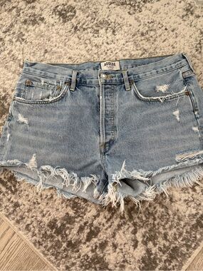 AGOLDE Light Wash Frayed Hem Denim Shorts